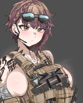 1girl bare_shoulders bow_(bhp) breasts brown_eyes brown_hair bulletproof_vest closed_mouth commentary_request delta_(nikke) earpiece eyewear_on_head goddess_of_victory:_nikke grey_background highres huge_breasts jewelry necklace short_hair shoulder_tattoo sideboob solo tactical_clothes tattoo