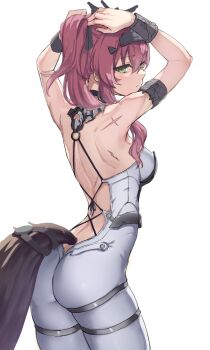 1girl ass backless_bodysuit bodysuit breasts commentary cowboy_shot from_behind green_eyes highres long_hair looking_at_viewer looking_back lupa_(wuthering_waves) medium_breasts pink_hair ryuudog scar simple_background solo tail vambraces white_background white_bodysuit wolf_girl wolf_tail wuthering_waves