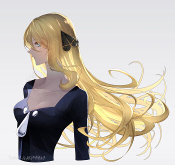 1girl black_coat blonde_hair breasts coat collar cynthia_(pokemon) grey_eyes hair_ornament highres jewelry long_hair looking_at_viewer medium_breasts nintendo pokemon pokemon_dppt profile sakaralalala simple_background solo upper_body watermark white_background