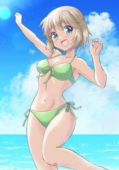1girl artist_request bare_arms bare_legs bare_shoulders bikini blue_eyes blush breasts cloud collarbone day dot_nose feet_out_of_frame female_focus green_bikini hair_between_eyes highres looking_at_viewer medium_breasts navel open_mouth original outdoors short_hair sky solo source_request sparkle standing swimsuit water