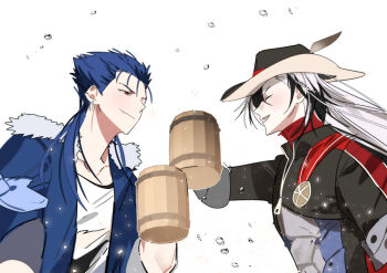 2boys beer_mug black_hair blue_hair blue_jacket boothill_(honkai:_star_rail) chugchuging cowboy_hat crossover cu_chulainn_(fate) cu_chulainn_(honkai:_star_rail)_(fate) cu_chulainn_(lancer)_(fate) cup earrings fate/stay_night fate_(series) hat holding holding_cup honkai:_star_rail honkai_(series) jacket jewelry long_hair looking_at_another male_focus mug multicolored_hair multiple_boys red_eyes robot shoes simple_background smile two-tone_hair white_background white_hair white_shoes