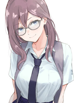 1girl absurdres black_necktie blue_eyes blush breast_pocket breasts brown_hair closed_mouth collared_shirt dress_shirt glasses grey-framed_eyewear grey_vest head_tilt highres idolmaster idolmaster_cinderella_girls long_hair looking_at_viewer medium_breasts necktie open_clothes open_vest pocket school_uniform shirt short_sleeves simple_background smile solo unu_(unucence) vest white_background yagami_makino