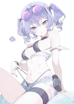 1girl :o ? absurdres bikini bikini_pull black_bikini blue_shorts breasts clothes_pull denim denim_shorts eyewear_on_head grey_eyes groin highres medium_breasts medium_hair meunhongcha navel original purple-tinted_eyewear purple_hair shorts simple_background solo speech_bubble spoken_question_mark sunglasses swimsuit tinted_eyewear white_background