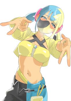 1girl absurdres bandeau belt black_belt blue_eyes breath canari_(pokemon) collarbone commentary_request double_inward_v eyelashes highres jacket long_sleeves looking_at_viewer mask matsuokalive10 mouth_mask multicolored_hair navel nintendo open_clothes open_jacket pants pokemon pokemon_legends:_z-a simple_background solo white_background yellow_bandeau yellow_jacket zipper zipper_pull_tab