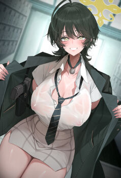 1girl absurdres black_hair black_jacket black_necktie blue_archive blush breasts cleavage collared_shirt commentary_request dishwasher1910 fuyu_(blue_archive) grey_skirt gun halo handgun highres jacket large_breasts looking_at_viewer miniskirt mole mole_under_eye necktie open_clothes open_jacket shirt shirt_tucked_in short_hair skirt smile twitter_username weapon white_shirt yellow_eyes yellow_halo