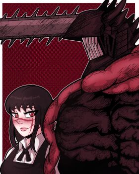 black_ribbon blush chainsaw chainsaw_devil chainsaw_man collared_shirt commentary demon_horns english_commentary facial_scar fourth_east_high_school_uniform highres horns intestine_clothing lips looking_at_another looking_to_the_side neck_ribbon nose_blush pochita_(chainsaw_man) red_eyes ribbon ringed_eyes scar scar_on_cheek scar_on_face scar_on_nose school_uniform sharp_teeth shirt sidelocks srmonke02 teeth yoru_(chainsaw_man)