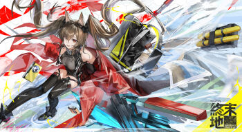 1girl absurdres angelina_(arknights) animal_ear_fluff animal_ears arknights arknights:_endfield bare_shoulders black_boots black_skirt black_thighhighs blush boots brown_eyes brown_hair commentary_request copyright_logo copyright_name floating_hair fox_ears fox_girl gilberta_(arknights) grey_shirt hair_between_eyes highres jacket koutannkoburia logo long_hair off_shoulder open_clothes open_jacket open_mouth red_jacket shirt skirt smile solo thighhighs twintails very_long_hair