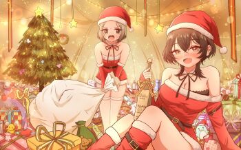 2girls :d arm_belt belt black_belt black_bra black_hair black_ribbon blush bonnouji_momoha boots bottle box bra bra_peek breasts brown_eyes brown_hair bug butterfly christmas christmas_ornaments christmas_tree christmas_wreath cleavage collar commentary dress drunk earrings fairy_lights fang feet_out_of_frame fur-trimmed_boots fur-trimmed_dress fur-trimmed_gloves fur-trimmed_headwear fur_trim furrowed_brow gift gift_box gloves hair_between_eyes hat heart highres holding holding_bottle holding_sack holly insect jewelry kimi_no_koto_ga_dai_dai_dai_dai_daisuki_na_100-nin_no_kanojo knees_up kusanochika large_breasts light_particles meido_mai multiple_earrings multiple_girls neck_ribbon open_mouth parted_bangs pentarou red_boots red_dress red_gloves ribbon sack santa_costume santa_dress santa_hat shoe_belt short_dress short_hair sitting smile standing star_(symbol) strapless strapless_dress stuffed_animal stuffed_monkey stuffed_rabbit stuffed_toy sweatdrop symbol-only_commentary teddy_bear tent thighhighs tinted_eyewear underwear v-shaped_eyebrows white_butterfly white_collar white_thighhighs wine_bottle wolf_cut wreath zettai_ryouiki