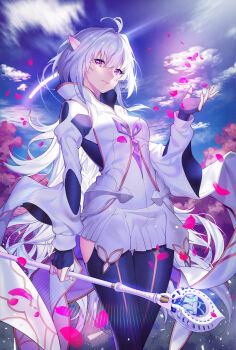 1girl absurdres ahoge black_gloves black_pants breasts fate/grand_order fate/prototype fate_(series) fingerless_gloves gloves highres holding holding_staff huge_filesize lemonpear long_hair long_sleeves looking_at_viewer medium_breasts merlin_(fate/prototype) merlin_(second_ascension)_(fate/prototype) pants purple_eyes revision robe smile staff thighs very_long_hair white_hair white_robe wide_sleeves