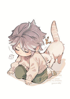 1boy alternate_costume blush casual cat chibi chibi_only closed_eyes commentary english_text full_body green_pants grey_hair highres honkai:_star_rail honkai_(series) inui_shiro male_focus pants phainon_(honkai:_star_rail) simple_background solo spoken_sweatdrop sweatdrop sweater symbol-only_commentary watermark white_background white_cat white_sweater