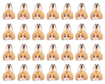 10s 1girl :d absurdres alphabet batta_(ijigen_debris) blush_stickers chart commentary_request highres kemono_friends multiple_views open_mouth orange_eyes orange_hair serval_(kemono_friends) short_hair smile transparent_background