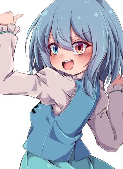 1girl blue_eyes blue_hair blue_skirt blue_vest blush commentary_request heterochromia highres juliet_sleeves long_hair long_sleeves looking_at_viewer open_mouth puffy_sleeves red_eyes shirt simple_background siw0n skirt smile solo tatara_kogasa textless_version touhou vest white_background white_shirt
