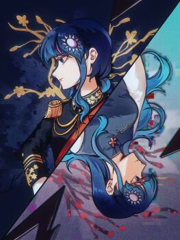 1girl age_comparison age_progression black_jacket blue_dress blue_eyes blue_hair branch breasts china_dress chinese_clothes closed_mouth collared_dress dress dress_over_shirt epaulettes flower highres jacket kmt_(tkotu) long_hair long_sleeves low_ponytail medium_breasts military_uniform partyhumans ponytail shirt sidelocks sleeveless sleeveless_dress split_screen sun_hair_ornament tkotu very_long_hair white_shirt