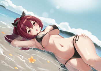 1girl arm_up armpits bare_arms bare_shoulders beach bikini black_bikini breasts cleavage commentary commission day hair_ribbon hand_on_own_hip highres koy_(4767269) large_breasts long_hair looking_at_viewer lying navel on_side open_mouth original outdoors ponytail red_eyes red_hair ribbon side-tie_bikini_bottom solo stomach string_bikini sunlight swimsuit thighs water wet