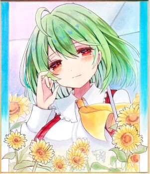 Rule 34 | ascot, collared shirt, commentary request, dress, flower, gloves, green hair, highres, holding, holding umbrella, hoshi tea party, kazami yuuka, looking at viewer, medium hair, orange eyes, photo (medium), shirt, straight-on, strapless, strapless dress, touhou, umbrella, white gloves, yellow ascot, yellow flower