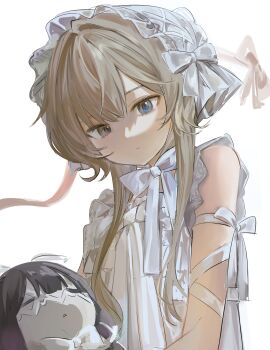 1girl angel_wings arm_ribbon bare_shoulders black_hair blonde_hair blue_eyes bow bowtie character_doll closed_mouth columbina_(genshin_impact) doll dress eye_mask feathered_wings genshin_impact gradient_hair hair_between_eyes head_wings highres kocokooo long_hair looking_at_object looking_down mask multicolored_hair purple_hair ribbon sandrone_(genshin_impact) short_hair_with_long_locks simple_background sleeveless sleeveless_dress solo two-tone_hair white_background white_bow white_bowtie white_dress white_headdress white_mask wings