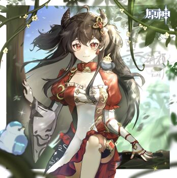 1girl absurdres animal animal_on_shoulder artist_name asymmetrical_sleeves bird bird_on_shoulder black_hair blue_background blue_sky blurry blurry_background blurry_foreground border breasts cleavage commission copyright_name day dress elbow_gloves feet_out_of_frame fingerless_gloves genshin_impact gloves hair_ornament highres horns in_tree juliet_sleeves knee_up logo long_hair long_sleeves looking_at_viewer medium_breasts mole mole_under_eye on_branch original outside_border pankou puffy_short_sleeves puffy_sleeves red_dress red_eyes short_sleeves sitting sitting_in_tree sitting_on_branch sky smile solo straight-on sunlight thigh_strap tree two-tone_dress two_side_up uneven_sleeves very_long_hair watermark white_border white_dress white_gloves youzha_ligui