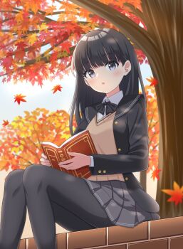 1girl amagami ayatsuji_tsukasa black_hair black_pantyhose blunt_bangs book bow bowtie cardigan dress_shirt feilong_(rong0102) from_behind grey_sky highres holding holding_book jacket long_hair maple_tree open_clothes open_jacket pantyhose parted_lips pleated_skirt purple_eyes shirt sitting skirt sky solo tree