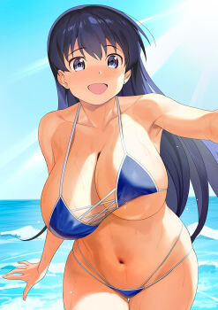 1girl :d a1_(initial-g) arato_nagi armpits bikini black_hair blue_bikini blue_sky breasts cleavage commentary day highres huge_breasts long_hair navel ocean open_mouth ruri_no_houseki sky smile solo standing stomach swimsuit thick_thighs thighs tongue very_long_hair