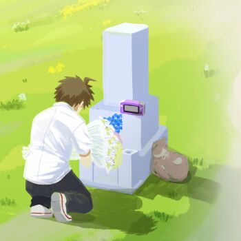 Rule 34 | 1boy, ahoge, animal bag, black pants, bouquet, brown hair, cat bag, danganronpa (series), danganronpa 2: goodbye despair, flower, grass, grave, handheld game console, highres, hinata hajime, holding, holding bouquet, kmnm 1403, pants, shirt, shoes, short hair, short sleeves, solo, spoilers, tombstone, white shirt