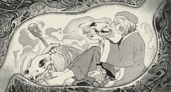 1girl animal_skeleton animal_skull barefoot beret boots dungeon_meshi falin_touden falin_touden_(tallman) from_side greyscale hanpen_(higepiyo) hat highres holding holding_skull lantern mace medium_hair monochrome red_dragon_(dungeon_meshi) robe shoes sitting skeleton skull solo unworn_boots unworn_shoes weapon x-ray