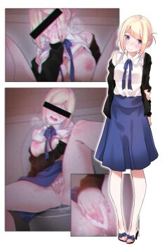 1girl a_pervert&#039;s_daily_life absurdres alicecrazy arms_behind_back bare_shoulders black_jacket blonde_hair blue_bow blue_eyes blue_skirt blush bow breasts censored censored_identity character_request closed_mouth collared_dress covering_own_mouth dot_nose dress female_focus female_masturbation fingering full_body hair_bun high_heel_sandals high_heels highres jacket large_breasts legs long_hair long_sleeves looking_at_viewer masturbation multiple_views nipples official_art open_mouth pussy pussy_juice sandals seyoung_shin single_hair_bun sitting skirt sleeveless solo solo_focus thighs toes toilet toilet_seat touching_vagina white_dress
