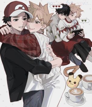 2boys black_hair black_jacket black_pants blue_oak closed_mouth commentary_request cup food hair_ornament hairclip handheld_game_console hat heart highres holding holding_handheld_game_console hug hug_from_behind jacket male_focus multiple_boys multiple_views nintendo nintendo_switch open_clothes open_jacket pants pokemon pokemon_sm red_(pokemon) red_hat red_shirt saucer sekaiitinoki shirt short_hair socks spoken_heart sweater sweater_vest white_pants white_shirt yaoi