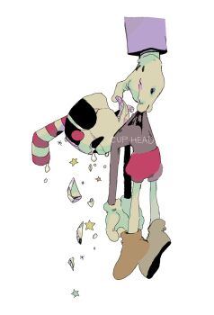 2boys broken_cup broken_vase cup cuphead cuphead_(game) defeat doi_m2000 drinking_straw dripping game_over gloves guro highres indoors king_dice lifting_person liquid multiple_boys shirt shorts sparkle spill spilling white_gloves