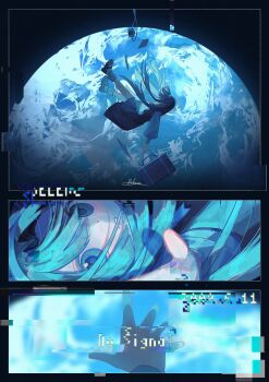 1girl absurdres aqua_eyes aqua_hair bag colored_eyelashes falling fantasia_sora floating highres long_hair long_sleeves looking_at_viewer original paper parted_lips reaching reaching_towards_viewer screen socks white_socks