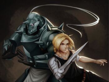2boys absurdres ahoge alphonse_elric apron armor black_gloves black_pants black_tank_top blonde_hair braid brothers brown_background closed_mouth danieljoyniel edward_elric fighting_stance full_armor fullmetal_alchemist furrowed_brow gloves glowing glowing_eyes helm helmet highres long_hair male_focus mechanical_arms multiple_boys pants parted_bangs plume prosthetic_weapon shoulder_spikes siblings simple_background single_braid single_mechanical_arm spikes tank_top waist_apron yellow_eyes
