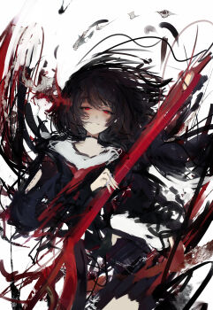 1girl absurdres arm_cutout black_choker black_hair black_shirt black_skirt chisa_(wuthering_waves) choker clothing_cutout commentary highres holding holding_sword holding_weapon long_sleeves looking_at_viewer lue_(llue_l) neckerchief parted_lips red_eyes red_neckerchief sailor_collar shirt skirt smile solo sword weapon white_sailor_collar wuthering_waves