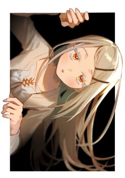 1girl black_background blush border camisole collarbone colored_eyelashes dated flipped_hair floating_hair fourth_wall gakuen_idolmaster grey_hair grey_robe hair_ornament hairclip hand_up highres idolmaster kutako_(kutako138) long_hair looking_at_viewer open_clothes open_robe orange_eyes orange_ribbon outside_border parallel_hairclips parted_bangs parted_lips ribbon robe shinosawa_hiro sideways signature simple_background solo upper_body white_border white_camisole