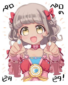 1girl :d bad_id bad_twitter_id braid braided_hair_rings brown_eyes brown_hair catchphrase choker commentary_request cropped_torso dark-skinned_female dark_skin hair_ribbon hair_rings hands_up heart heart_choker highres image_sample long_sleeves looking_at_viewer nkohime open_mouth pointing pointing_at_viewer pretty_series pripara red_choker red_ribbon ribbon saliva short_hair smile solo taiyo_pepper translation_request twitter_sample upper_body white_background