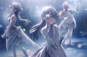 3girls anyoji_hime blue_eyes blue_hair braid clenched_hand closed_eyes dress elbow_gloves game_cg gloves half_up_braid half_updo highres holding holding_microphone jellyfish_cut katsuragi_izumi link!_like!_love_live! long_hair looking_up love_live! microphone multiple_girls murano_sayaka non-web_source official_art pink_hair profile single_bare_shoulder solo_focus strapless strapless_dress virtual_youtuber white_dress white_gloves yuki_mau_sora_to_nibyou_no_eien