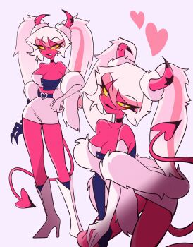 1girl absurdres breasts colored_sclera colored_skin demon_girl demon_horns demon_tail hazbin_zoe hellaverse helluva_boss highres horns large_breasts long_hair looking_at_viewer pink_skin solo tail twintails verosika_mayday yellow_sclera