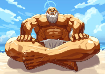 1boy bald beach beard crossed_legs facial_hair full_beard fundoshi gouken hands_on_own_legs highres japanese_clothes looking_at_viewer muscular muscular_male old old_man shine street_fighter white_hair yagi2013