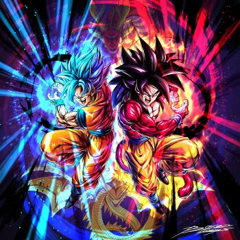 absurdres aura black_hair blue_eyes blue_hair blue_sash body_fur boyerjorys dougi dragon_ball dragon_ball_gt dragon_ball_legends dual_persona highres in-franchise_crossover kamehameha_(dragon_ball) long_hair looking_at_viewer male_focus monkey_boy monkey_tail multiple_boys muscular muscular_male no_nipples open_mouth pants pectorals red_fur saiyan sash son_goku spiked_hair super_saiyan super_saiyan_4 super_saiyan_blue super_shenron tail ultimate_shenron yellow_pants