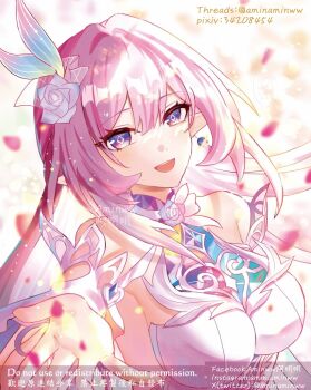 1girl adversarial_noise aminww_amingming armlet bare_shoulders blue_flower breasts chinese_commentary commentary_request cyrene_(honkai:_star_rail) cyrene_(ripples_of_past_reverie)_(honkai:_star_rail) diamond-shaped_pupils diamond_(shape) flower hair_flower hair_ornament honkai:_star_rail honkai_(series) jewelry large_breasts long_hair offering_hand open_mouth pink_hair pointy_ears purple_eyes sidelocks smile solo symbol-shaped_pupils upper_body watermark