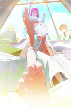2boys 2girls ^_^ absurdres adjusting_another's_clothes barefoot bed_sheet blunt_bangs blush bm_tol cigarette closed_eyes commentary dress earrings elf feet fern_(sousou_no_frieren) foot_focus frieren grey_hair highres holding holding_cigarette jewelry looking_at_another morning multiple_boys multiple_girls on_bed pointy_ears purple_hair sein_(sousou_no_frieren) sitting sleepy smile soles sousou_no_frieren standing stark_(sousou_no_frieren) symbol-only_commentary teardrop_earrings toes white_dress