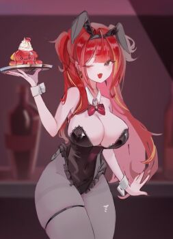 1girl akane_lize animal_ear_hairband animal_ears bare_shoulders black_leotard blush bow bowtie breasts cleavage covered_navel detached_collar earrings fake_animal_ears fang frilled_leotard frills grey_eyes hairband highleg highleg_leotard highres holding holding_tray jewelry large_breasts leotard long_hair looking_at_viewer mole mole_under_eye multicolored_hair one_eye_closed open_mouth pantyhose pienna_(akane_lize) playboy_bunny rabbit_ears red_hair red_nails skin_fang solo stellive strapless strapless_leotard streaked_hair thick_thighs thigh_strap thighs tray two_side_up very_long_hair virtual_youtuber wo0ngw0ong wrist_cuffs