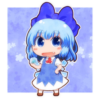 1girl ascot blue_bow blue_dress blue_eyes blue_hair blush bow chibi chibi_only cirno collared_shirt commentary_request detached_wings dress fang frozen_frog full_body hair_bow ice ice_wings looking_at_viewer matty_(zuwzi) open_mouth pinafore_dress puffy_short_sleeves puffy_sleeves red_ascot shirt short_sleeves sleeveless sleeveless_dress socks solo touhou white_shirt white_socks wings