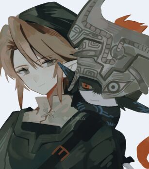 1boy 1girl a15179222 blonde_hair collared_shirt colored_sclera commentary_request green_hat green_tunic grey_hair hair_between_eyes hat helmet_over_one_eye highres light_smile link midna nintendo orange_hair phrygian_cap pointy_ears red_eyes shirt short_hair shortstack the_legend_of_zelda the_legend_of_zelda:_twilight_princess tunic twitter_username white_background white_shirt yellow_sclera