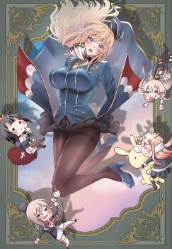 5girls alternate_costume asyuri atago_(kancolle) beret black_gloves black_hair black_hat black_thighhighs blonde_hair blue_eyes blue_hat blush breasts brown_pantyhose chibi chibi_inset commentary_request food food_in_mouth gloves gradient_hair green_eyes hat high_heels highres kantai_collection large_breasts long_hair long_sleeves looking_at_viewer military_uniform multicolored_hair multiple_girls open_mouth pantyhose pola_(kancolle) rensouhou-chan sailor_collar scarf school_uniform serafuku shimakaze_(kancolle) sleeping solo_focus squeans stuffed_animal stuffed_rabbit stuffed_toy takao_(kancolle) thighband_pantyhose thighhighs underwear white_scarf white_thighhighs yuudachi_(kancolle) yuudachi_kai_ni_(kancolle)