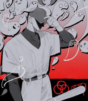 1boy absurdres add-on_(off) baseball_bat baseball_cap belt covered_face cowboy_shot ghost gradient_background greyscale_with_colored_background hand_on_headwear hand_up hat higa423 highres holding holding_baseball_bat male_focus off_(game) shaded_face solo spectre_(off) the_batter_(off) two-tone_background