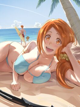 1girl 2boys bankai bare_back bare_shoulders beach bleach bleach:_sennen_kessen-hen blue_sky breasts brown_eyes cloud collarbone happy highres inoue_orihime kon_(bleach) kurosaki_ichigo large_breasts light_blush long_hair looking_at_viewer lying multiple_boys navel ocean on_side orange_hair outdoors palm_leaf palm_tree ririvart sand scrunchie short_hair sky spiked_hair stomach stuffed_animal stuffed_lion stuffed_toy surfboard sword tensa_zangetsu_(bankai) topless_male tree water weapon zanpakutou