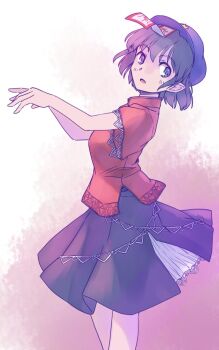 Rule 34 | 1girl, black hair, black skirt, blue hat, blush, commentary request, feet out of frame, from side, gradient background, grey eyes, hat, hat ornament, head tilt, looking back, looking down, miyako yoshika, ofuda, ofuda on head, one-hour drawing challenge, open mouth, orange background, outstretched arms, petticoat, pointy ears, rangycrow, red shirt, shirt, short hair, short sleeves, sideways glance, skirt, solo, star (symbol), star hat ornament, touhou, zombie pose