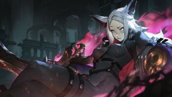 Rule 34 | 1girl, absurdres, animal ears, bodysuit, breasts, brick wall, building, castle, chest strap, colored smoke, couch, covered navel, dyarikku (vtuber), facial mark, fox ears, fox girl, garter straps, gloves, highres, indie virtual youtuber, jacket, kuno (runkunochan), lips, long hair, looking at viewer, medium breasts, on couch, open clothes, open jacket, scenery, sitting, skin tight, smoke, solo, strap, thigh strap, very long ears, virtual youtuber, white eyes, white hair, x (symbol), x facial mark