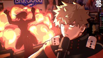1boy 1girl absurdres ace_(imajination16) artist_logo artist_name bakugou_katsuki blonde_hair boku_no_hero_academia bomb_devil_(chainsaw_man) chainsaw_man character_name closed_mouth commentary english_commentary explosion hasan_piker highres logo loincloth meme microphone orange_eyes pain reze_(chainsaw_man) short_hair silhouette spiked_hair upper_body