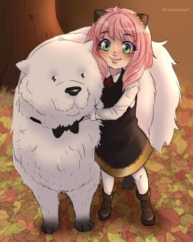 Rule 34 | 1girl, anya (spy x family), autumn leaves, black bow, black bowtie, black dress, bond (spy x family), boots, bow, bowtie, brown boots, commentary, dog, dress, green eyes, hair ornament, highres, itsnailasart, leaf, medium dress, pantyhose, pink hair, shirt, smile, spy x family, tree, twitter username, white pantyhose, white shirt