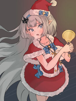 1girl bell blue_bow blue_bowtie blue_eyes bow bowtie capelet female_tyrant_(stella_sora) fur-trimmed_capelet fur-trimmed_headwear fur-trimmed_skirt fur_trim grey_hair hair_ornament hairband hat highres holding holding_bell jewelry key key_necklace long_hair meitel_f necklace open_mouth pointy_ears pom_pom_(clothes) santa_costume santa_hat skirt solo stella_sora tyrant_(stella_sora) very_long_hair